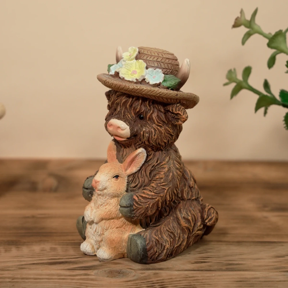 Cute Highland Cow with Rabbit Figurine Resin Statue, 11cm Farm Animal Ornament for Home Garden, Spring Floral Hat Decor, Easter
