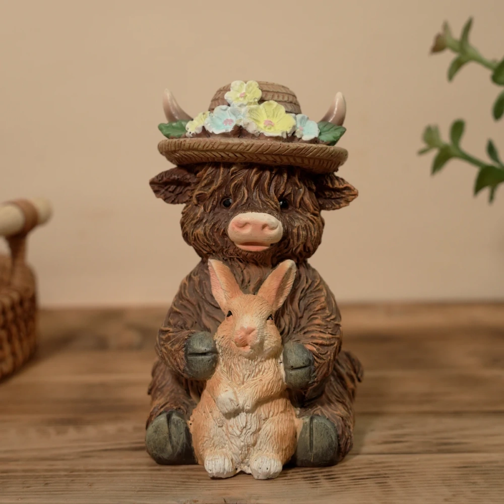 Cute Highland Cow Holding Bunny Resin Figurine for Easter Spring Garden Farmhouse Decor