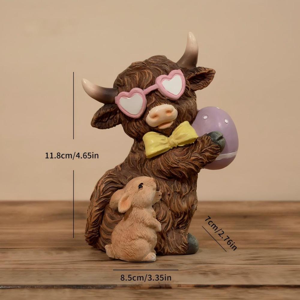Highland Cow Holding Easter Egg Figurine with Bunny Spring Garden Decor