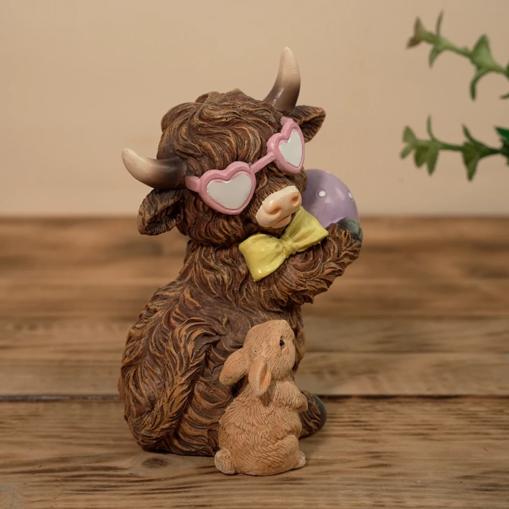 Cute Highland Cow with Bunny & Easter Egg Resin Figurine, Heart Sunglasses & Bow Tie Cow Statue, Farmhouse Home Decor