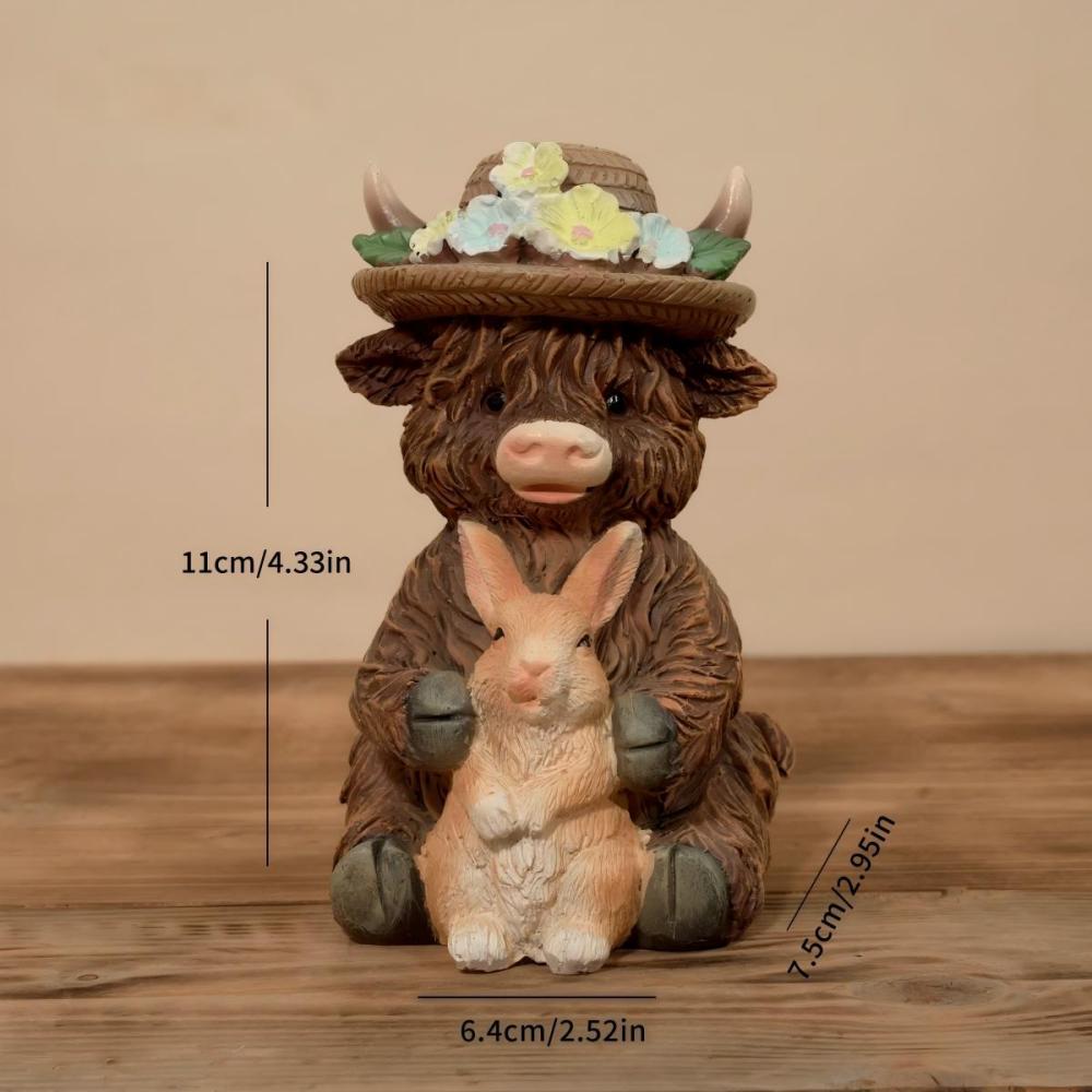Cute Highland Cow Holding Bunny Figurine for Easter Spring Garden Decor