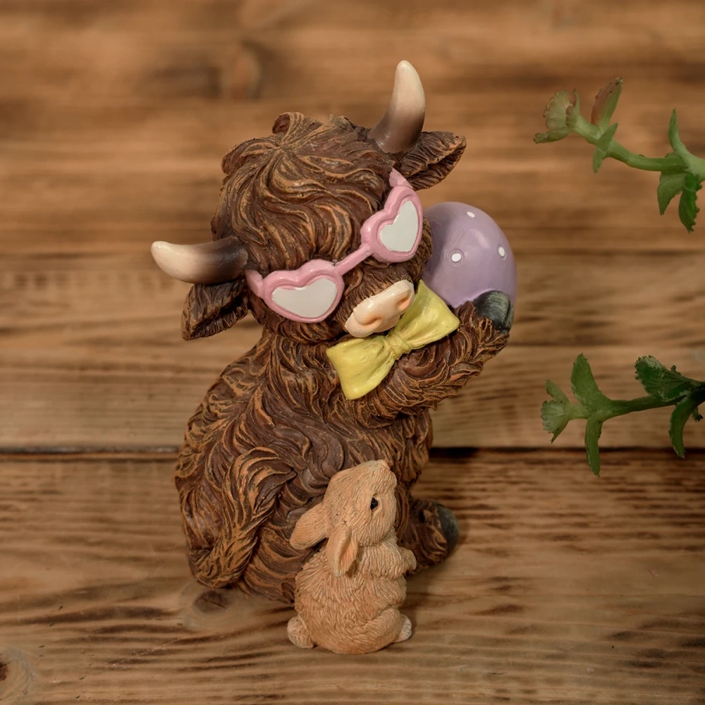 Cute Highland Cow with Bunny & Easter Egg Resin Figurine, Heart Sunglasses & Bow Tie Cow Statue, Farmhouse Home Decor