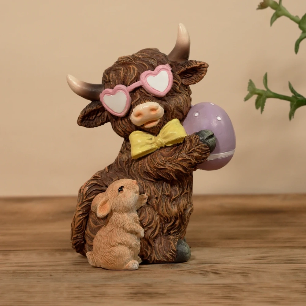 Handcrafted Highland Cow Holding Easter Egg with Bunny Resin Figurine for Spring Garden Farmhouse Decor