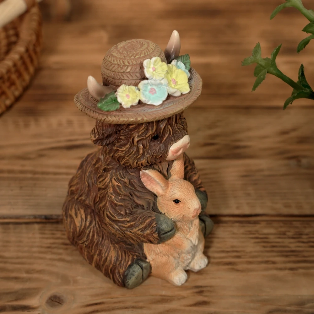 Cute Highland Cow with Rabbit Figurine Resin Statue, 11cm Farm Animal Ornament for Home Garden, Spring Floral Hat Decor, Easter