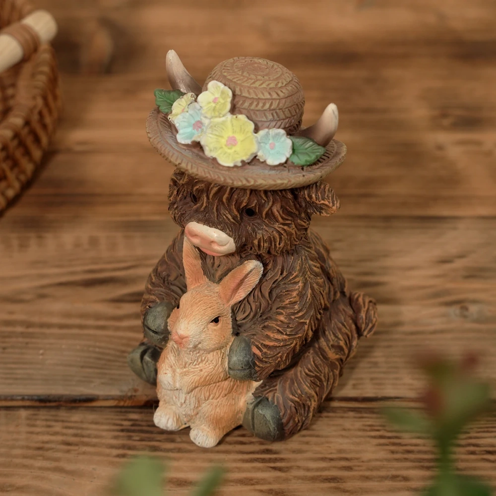 Cute Highland Cow with Rabbit Figurine Resin Statue, 11cm Farm Animal Ornament for Home Garden, Spring Floral Hat Decor, Easter