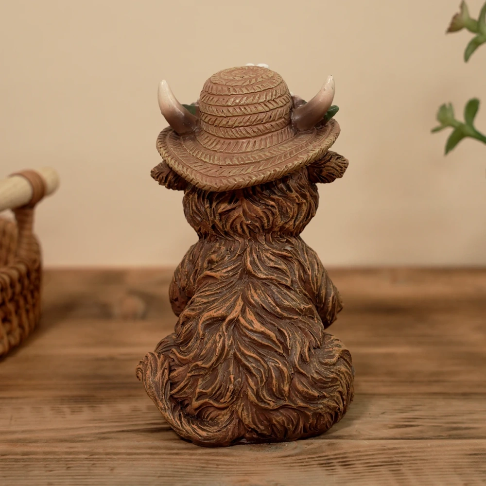 Cute Highland Cow with Rabbit Figurine Resin Statue, 11cm Farm Animal Ornament for Home Garden, Spring Floral Hat Decor, Easter