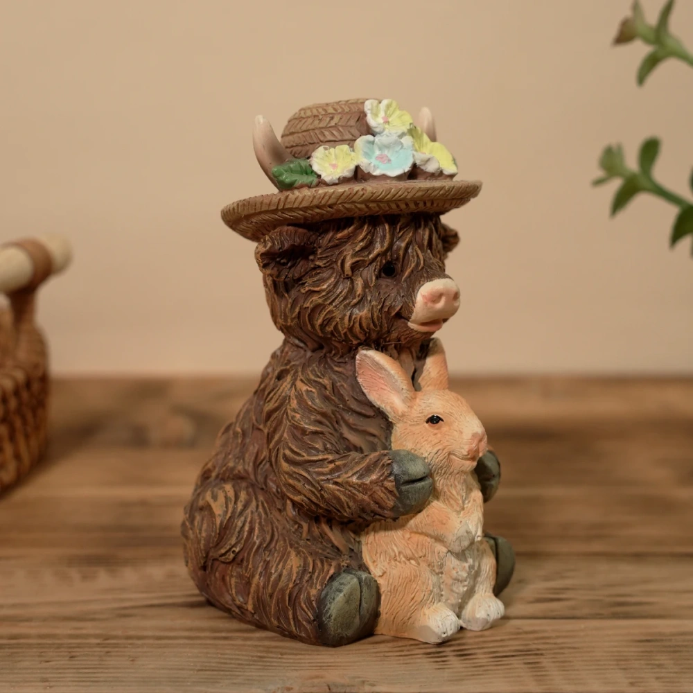 Cute Highland Cow with Rabbit Figurine Resin Statue, 11cm Farm Animal Ornament for Home Garden, Spring Floral Hat Decor, Easter