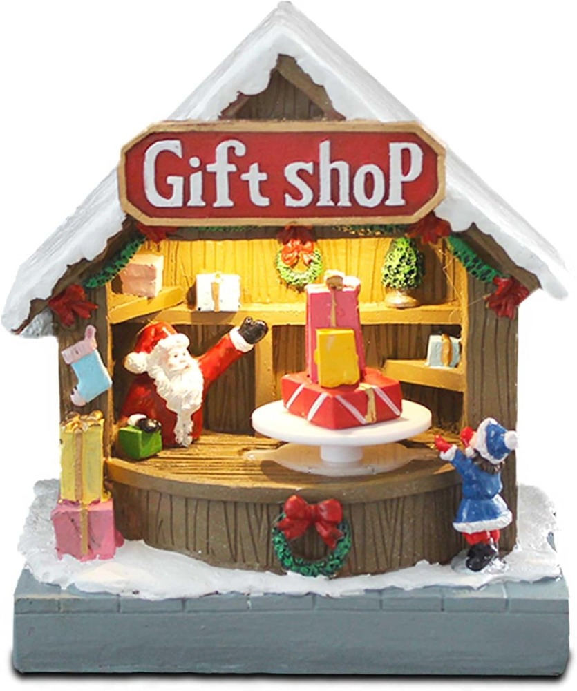 innodept12 Animated Christmas Village Street Gift Shop with LED Light & Music, Resin Figurines Cute Santa Claus for Festive Decorations, Battery Operated