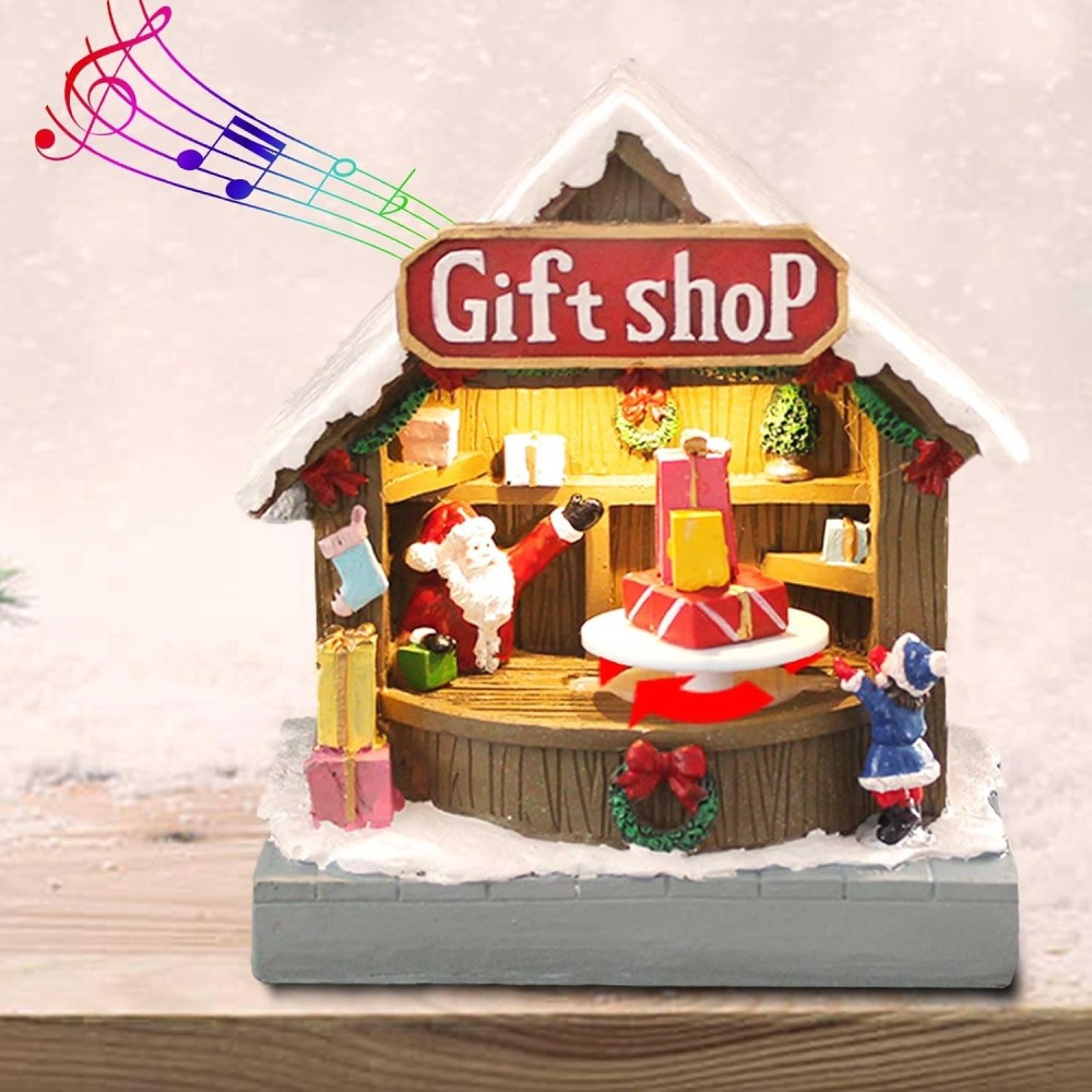 innodept12 Animated Christmas Village Street Gift Shop with LED Light & Music, Resin Figurines Cute Santa Claus for Festive Decorations, Battery Operated