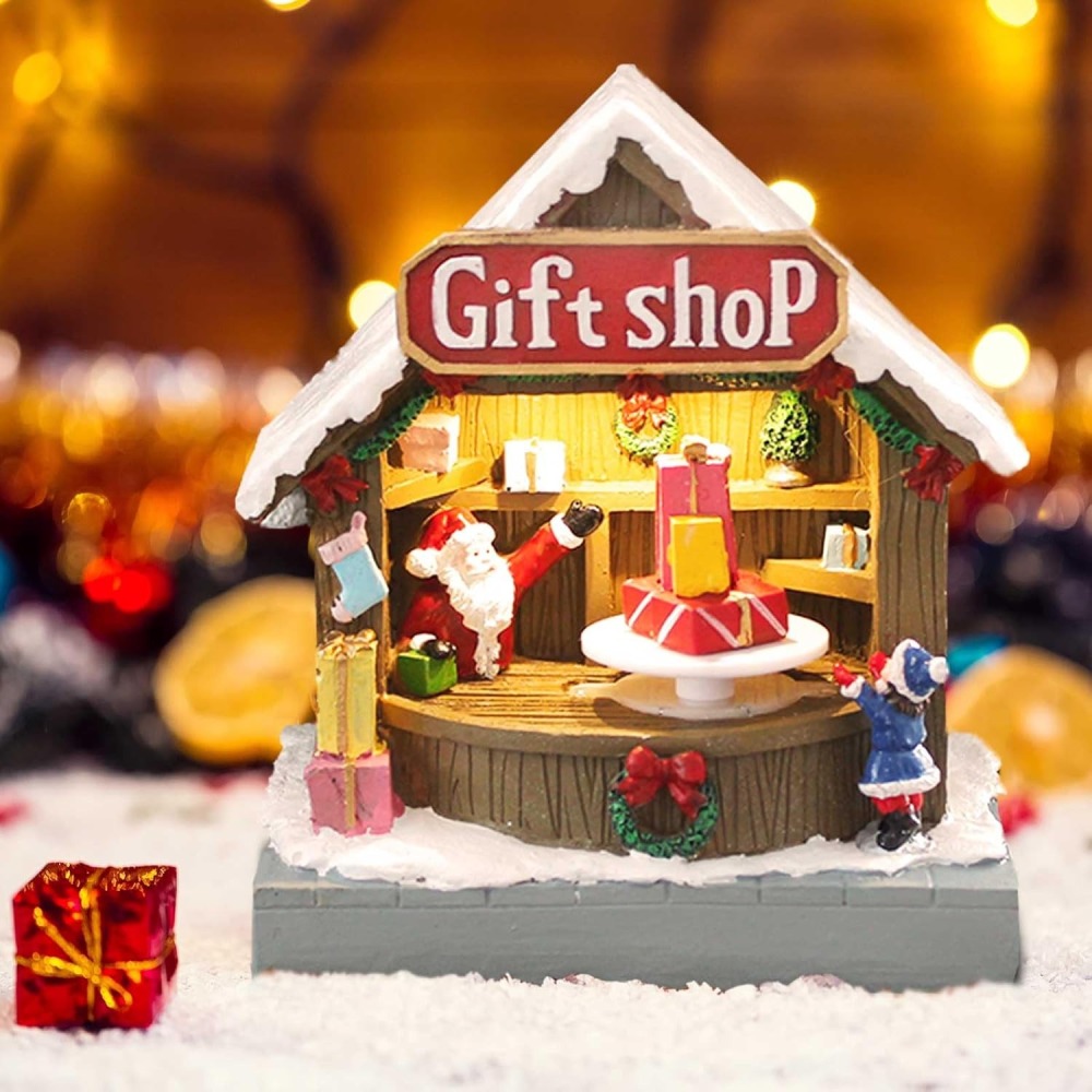 Animated LED Christmas Village Gift Shop with Rotating Display Table and Santa Claus