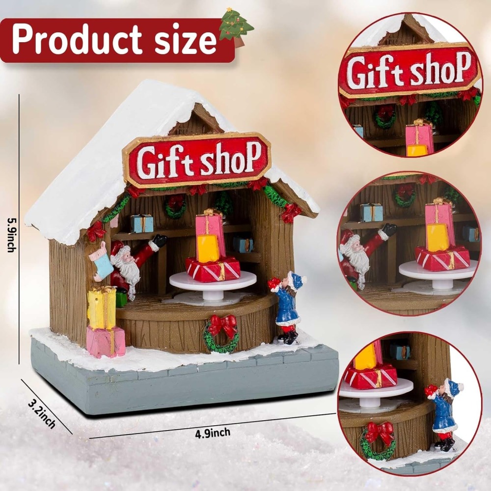 innodept12 Animated Christmas Village Street Gift Shop with LED Light & Music, Resin Figurines Cute Santa Claus for Festive Decorations, Battery Operated