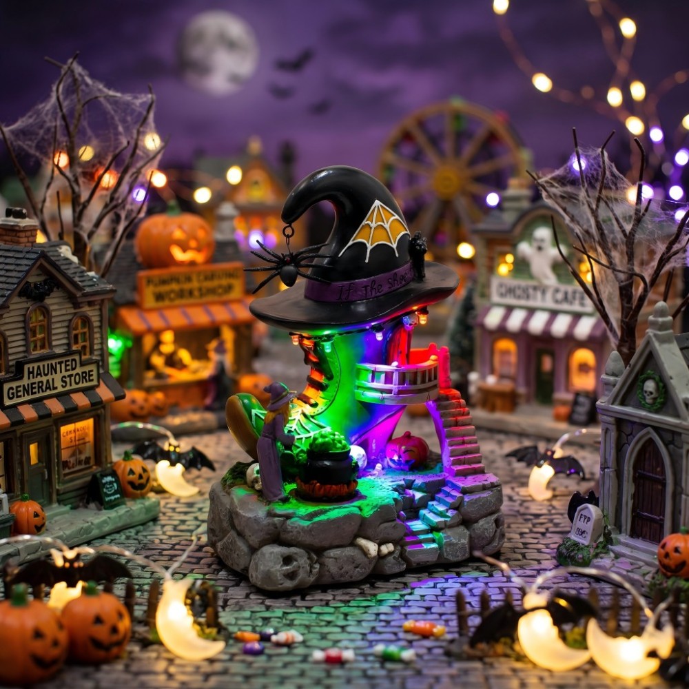 Halloween Village Witch Shoe House with Colorful LED Lights Resin Tabletop Decoration