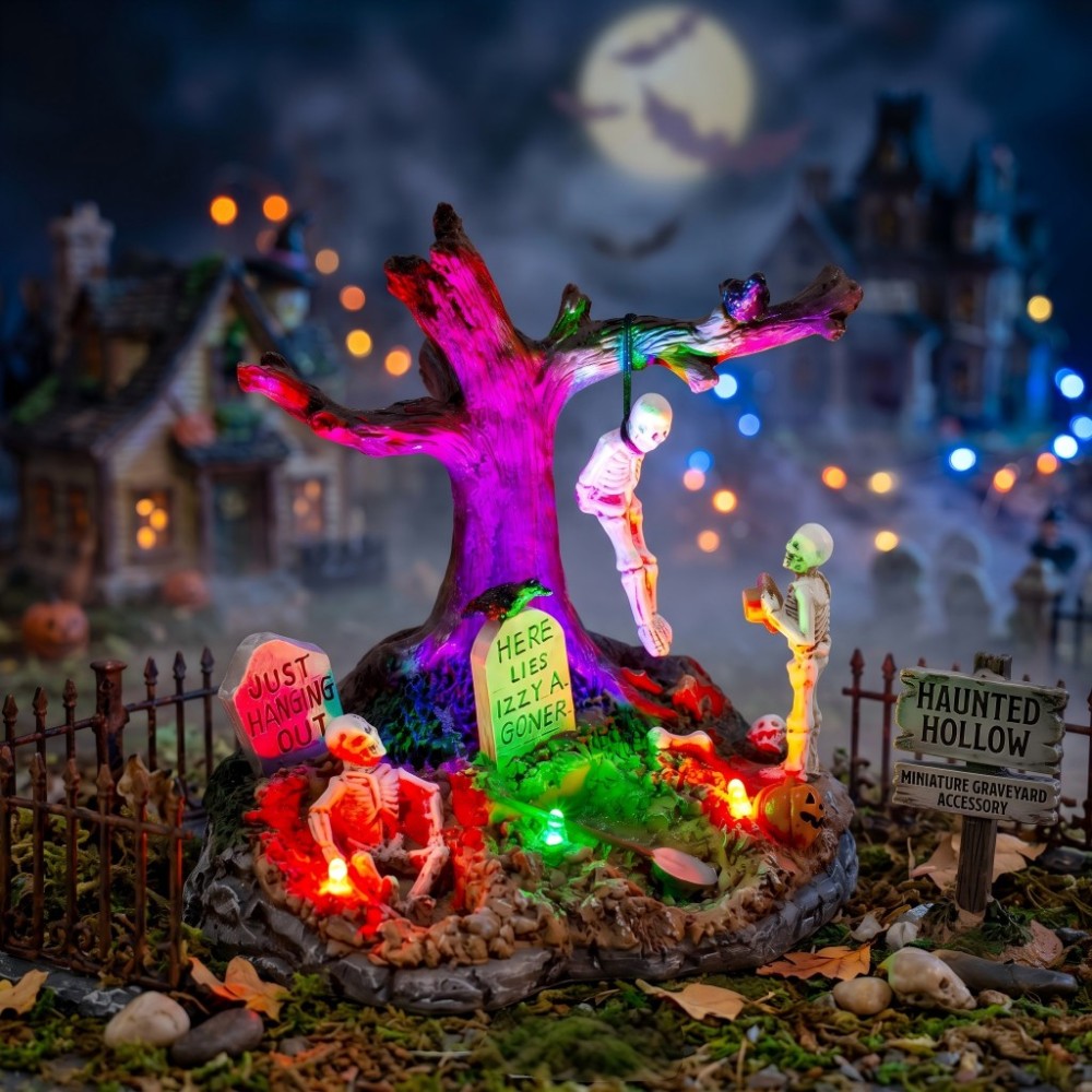 Halloween Village Hanging Skeleton Tree with LED Lights Resin Tabletop Decoration