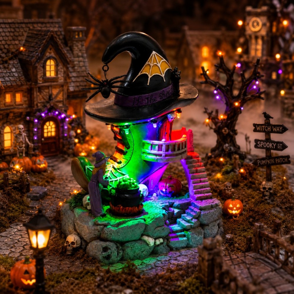 Halloween Village Musical Witch Shoe House with LED Lights