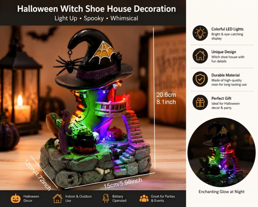 Halloween Village Musical Witch Shoe House with LED Lights