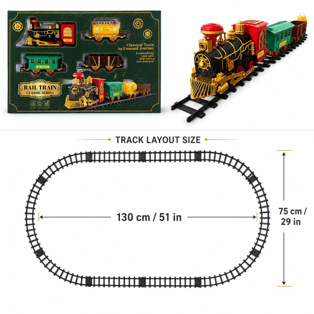Classic Electric Train Set with Light, Sound & Smoke – 4-Piece Railway Toy