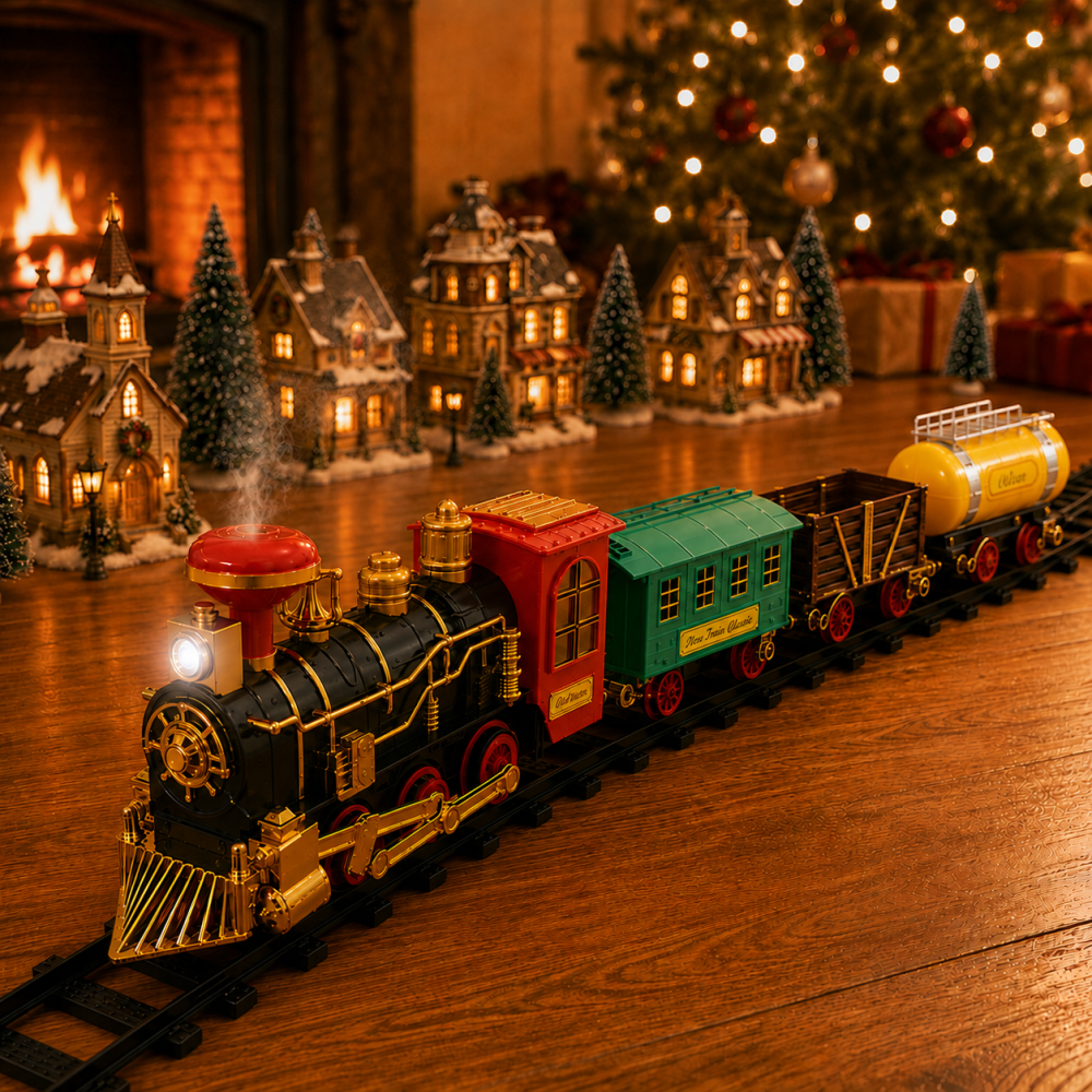 Classic Electric Train Set with Light, Sound & Smoke – 4-Piece Railway Toy