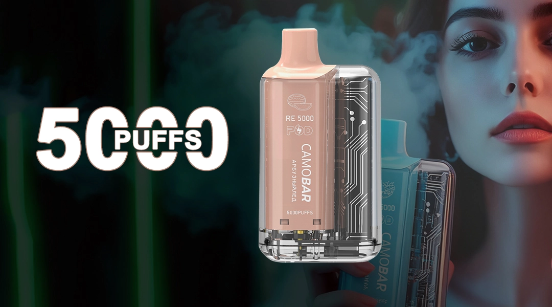 This is an advertising poster for the CAMOBAR brand RE 5000 model vape