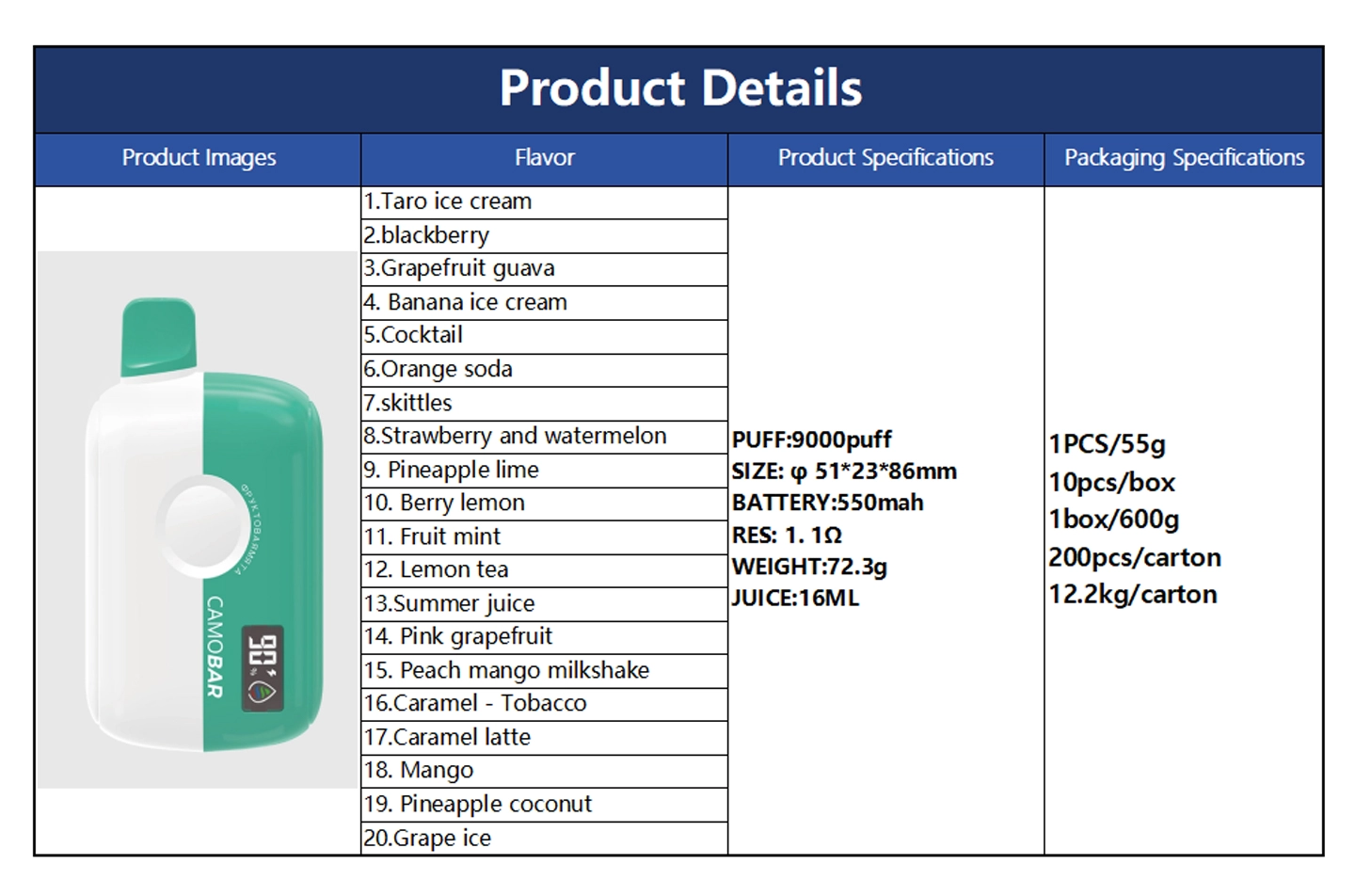 DT9000 Disposable e-cigarette specifications parameters