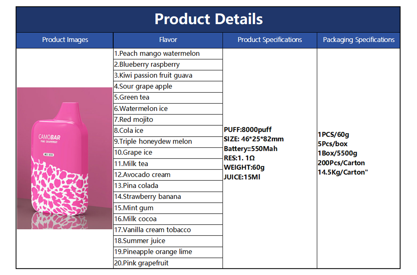 MX8000 Disposable Electronic Cigarette Product Specifications and Parameters