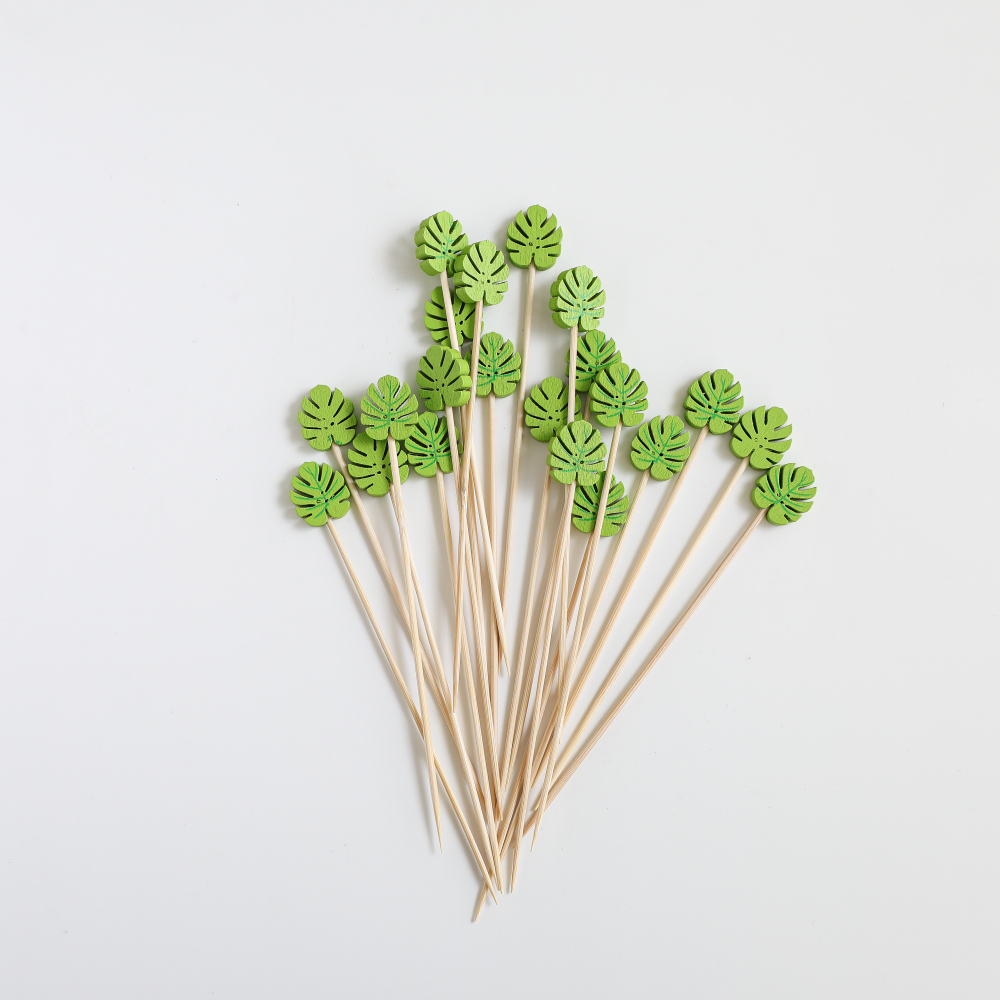 Best-selling Green Leaf Beaded Bamboo Skewer Eco-friendly Disposable Fruit Sticks BBQ Party Supplies