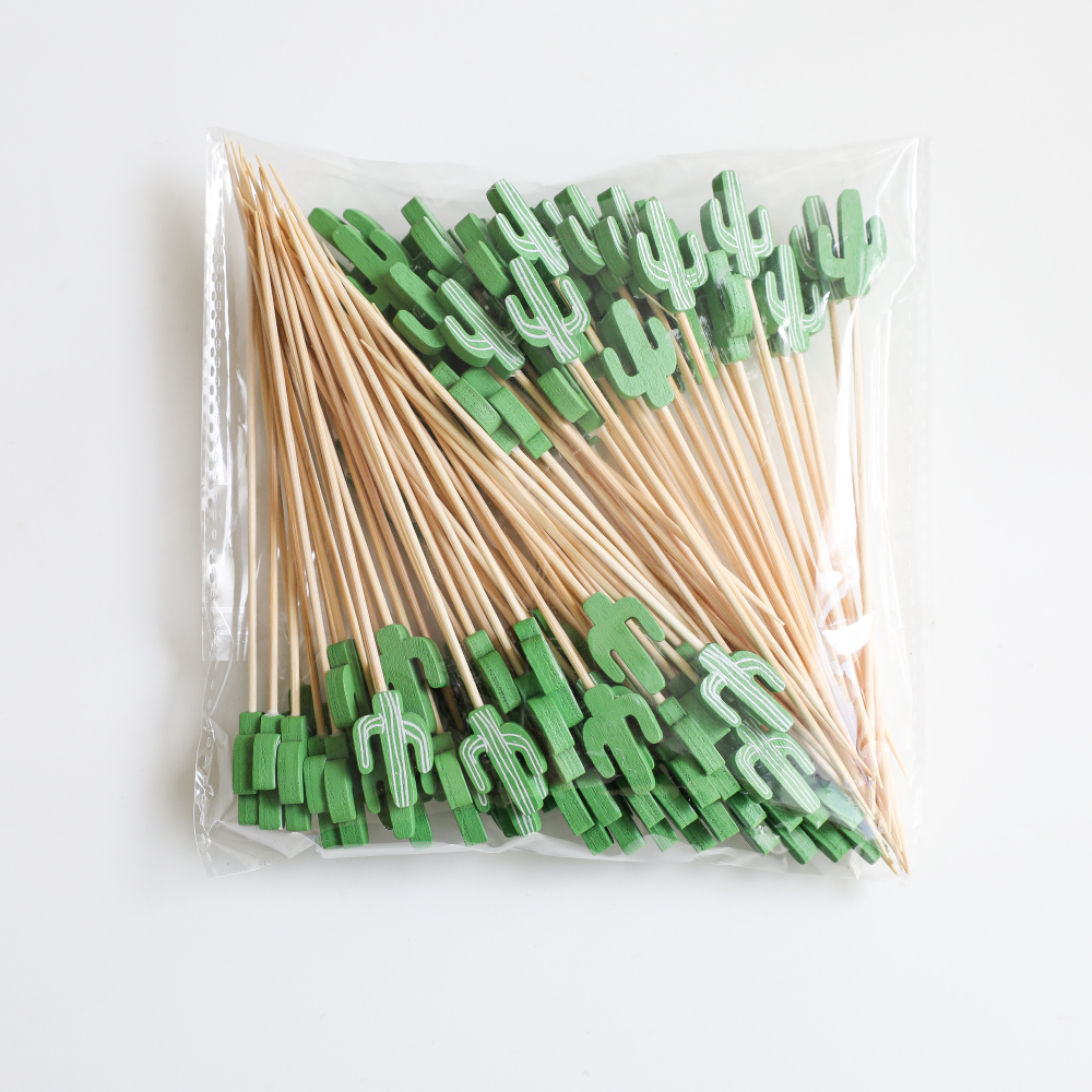 A Barbecue Party With 100 Green Cactus Disposable Fruit Sticks Per Pack And 5.3-Inch Creative Bamboo Sticks