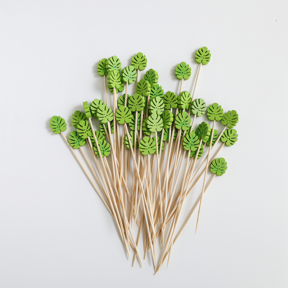 Best-selling Green Leaf Beaded Bamboo Skewer Eco-friendly Disposable Fruit Sticks BBQ Party Supplies