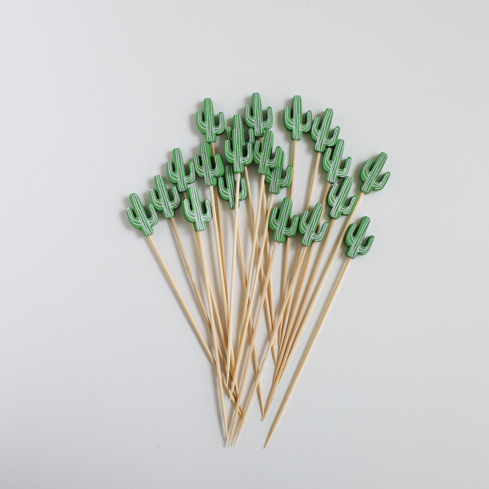 A Barbecue Party With 100 Green Cactus Disposable Fruit Sticks Per Pack And 5.3-Inch Creative Bamboo Sticks