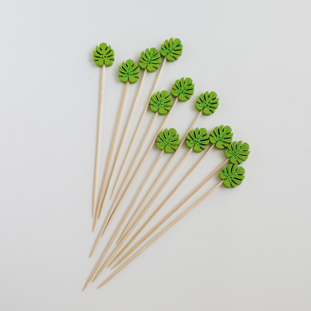 Best-selling Green Leaf Beaded Bamboo Skewer Eco-friendly Disposable Fruit Sticks BBQ Party Supplies