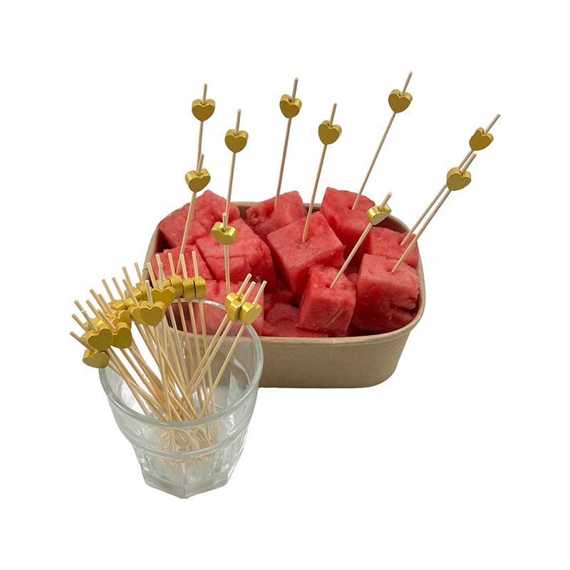 Wooden Gold Heart Bamboo Skewers - Decorative Skewers Suitable For Party Desserts Cocktails Fruit Platters