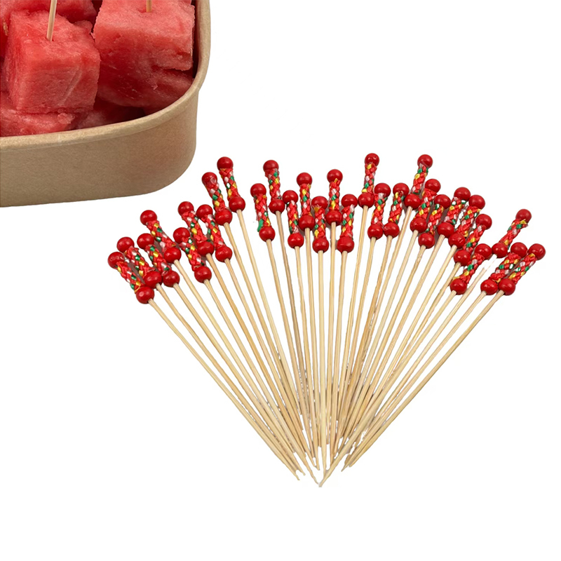 Cute Red Double-Bead Bamboo Skewers - Decorative Fruit Picks For Kids' Meals BBQ Gatherings & Afternoon Tea