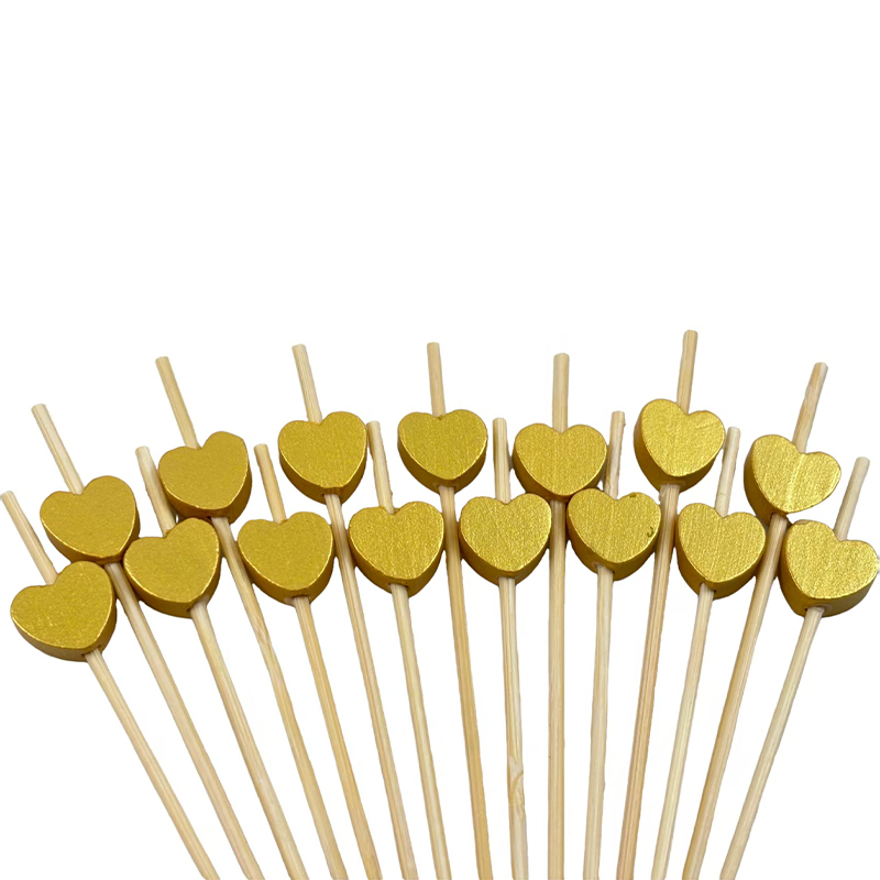 Wooden Gold Heart Bamboo Skewers - Decorative Skewers Suitable For Party Desserts Cocktails Fruit Platters