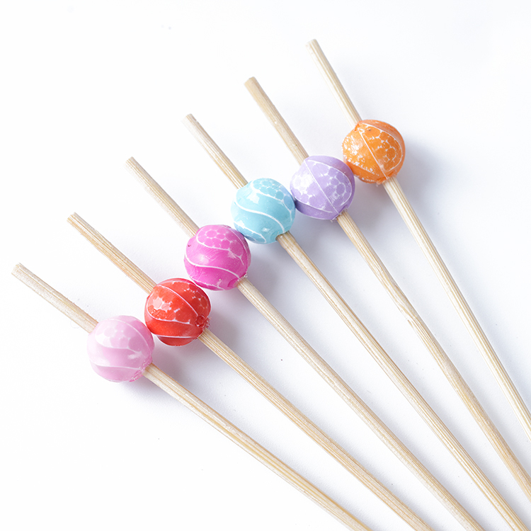 Textured-Bead Plastic-Top Bamboo Picks - Food-Safe Skewers for Appetizers, Kids' Meals