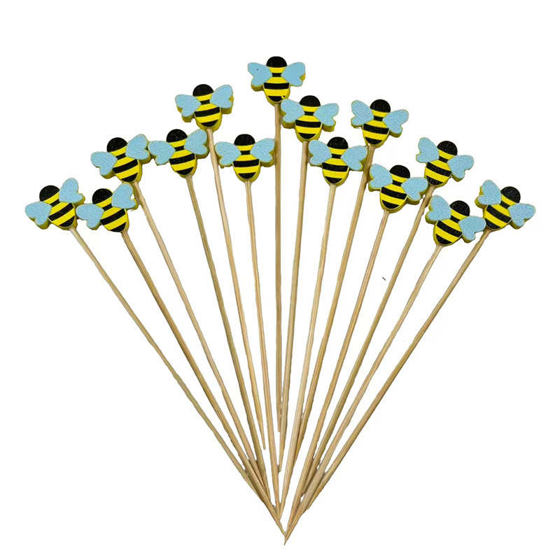 Wooden Bee-Top Bamboo Picks - Non-Splinter Skewers for Snacks Drink Garnish Summer Parties