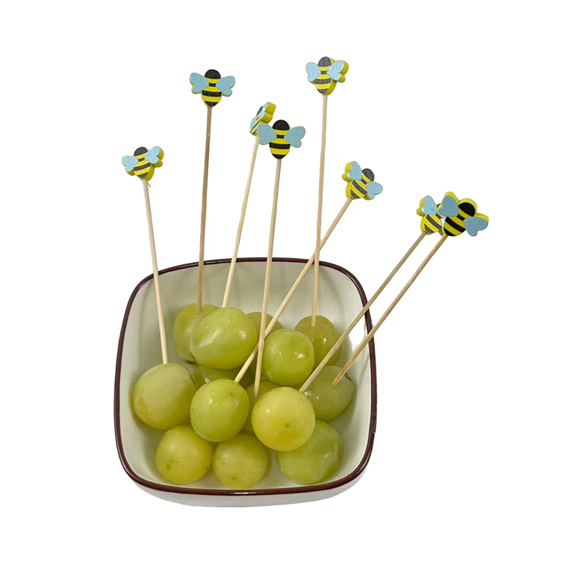 Wooden Bee-Top Bamboo Picks - Non-Splinter Skewers for Snacks Drink Garnish Summer Parties