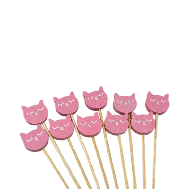 100Pcs Pink Cat Head Bamboo Picks - Food-Safe for Kids’ Meals, Cat-Themed Parties & Fruit Platters