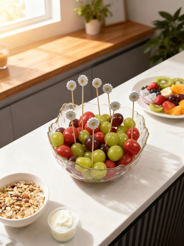 Daisy-Top Bamboo Picks - Non-Splinter Skewers for Snacks, Drink Garnish & Summer Garden Events