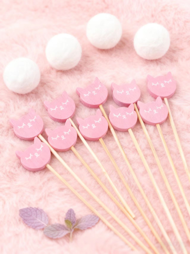 100Pcs Pink Cat Head Bamboo Picks - Food-Safe for Kids’ Meals, Cat-Themed Parties & Fruit Platters