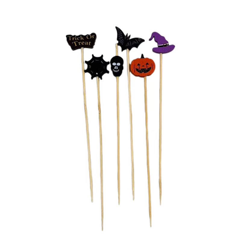 Black Skull-Shaped Bamboo Picks - Eco-Friendly for Halloween Celebrations & Snack Decor