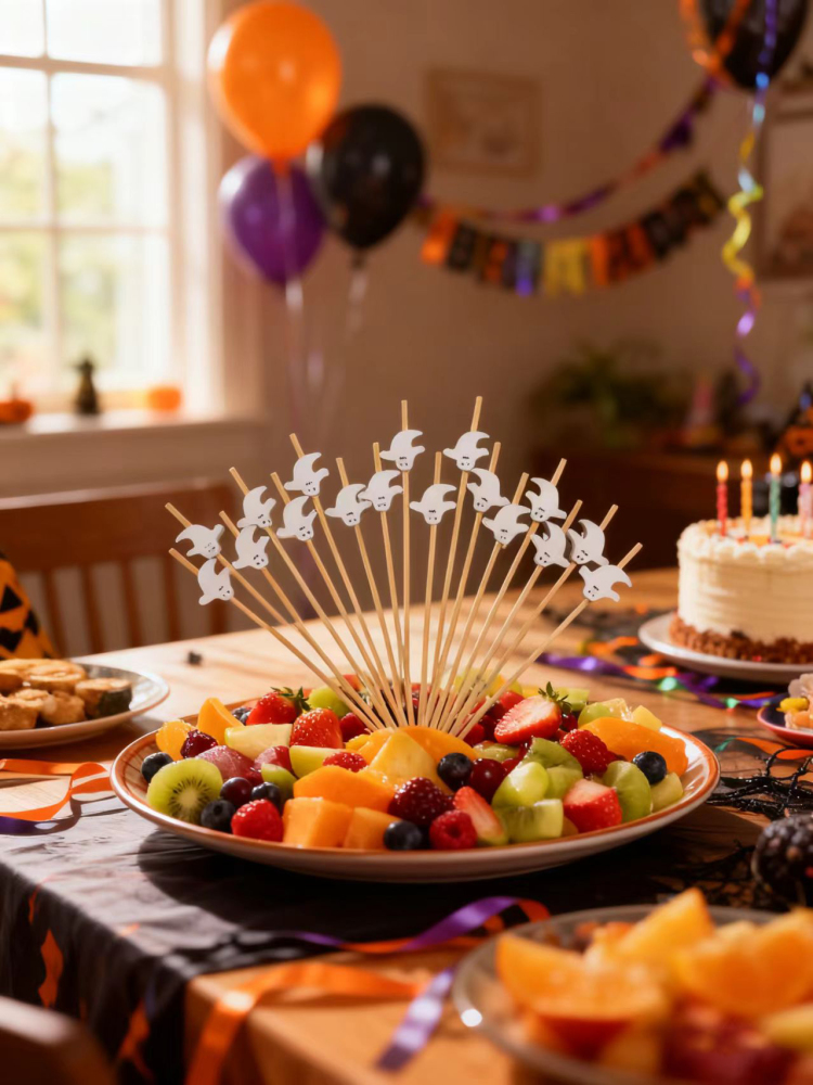 100Pcs Halloween Open-Hand White Ghost Bamboo Picks - Food-Safe for Spooky Parties & Fruit Platters