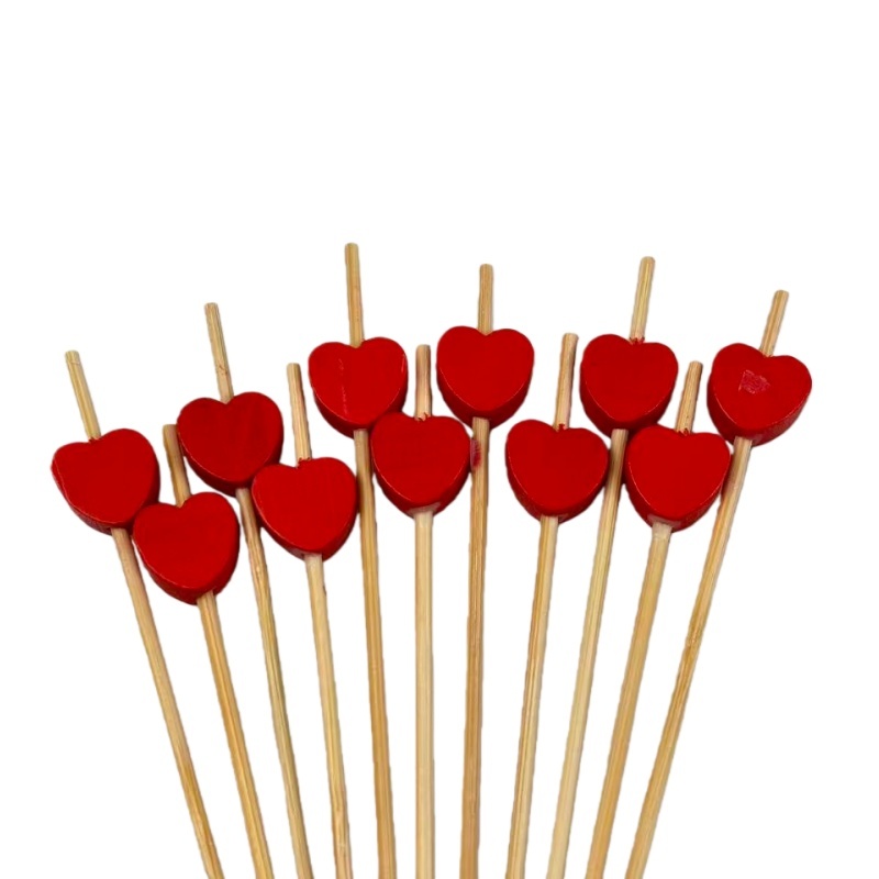Intense Red Heart-Shaped Bamboo Picks (100Pcs) - Durable for Engagement Parties, Wedding Favors & Decor