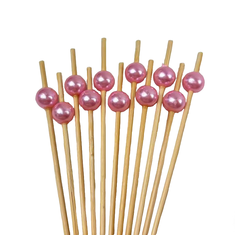 100Pcs Shiny Pink Large Pearl Bamboo Picks - Eco-Friendly for Boutiques Cafes & Event Decor