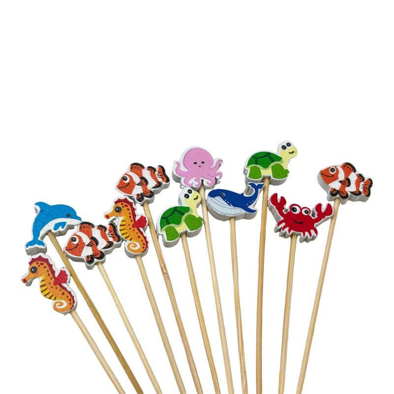 100Pcs Cute Marine Creatures Bamboo Picks - Eco-Friendly for Beach Cafes & Vacation Decor