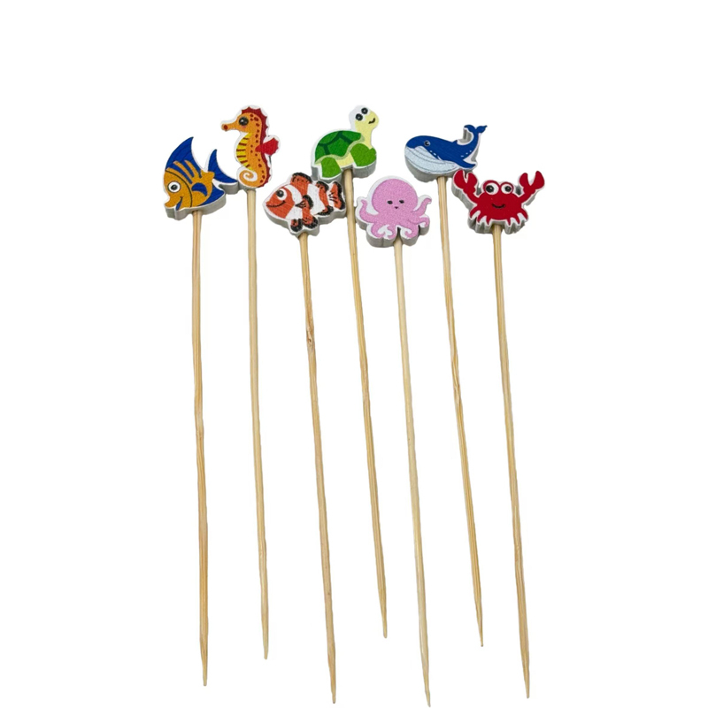 100Pcs Cute Marine Creatures Bamboo Picks - Eco-Friendly for Beach Cafes & Vacation Decor