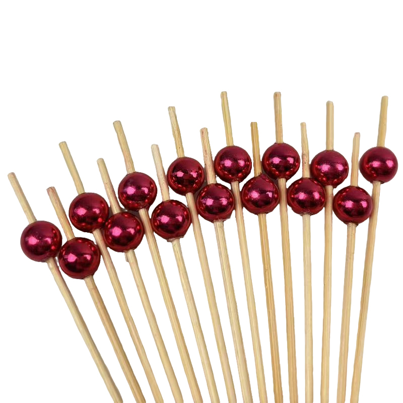 100Pcs Luxury Red-Gold Plated Bead Bamboo Picks - Eco-Friendly for Boutique Cafes & Festive Decor