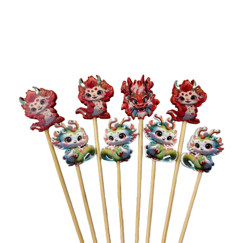 Cute Red & Cyan Chinese Dragon Bamboo Skewers – Eco-Friendly Dessert Picks for Parties & Baking