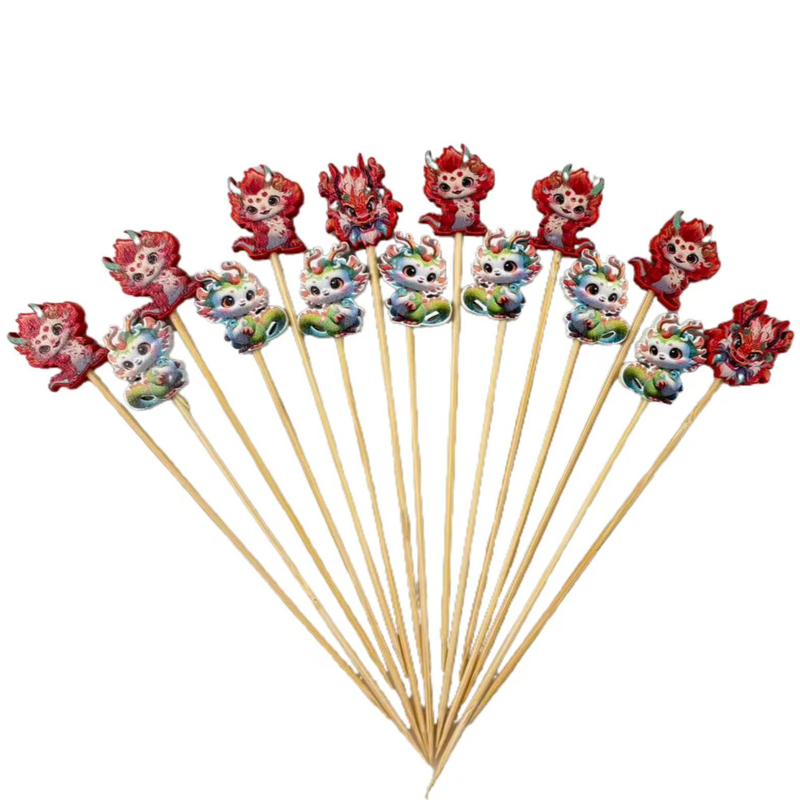 Cute Red & Cyan Chinese Dragon Bamboo Skewers – Eco-Friendly Dessert Picks for Parties & Baking