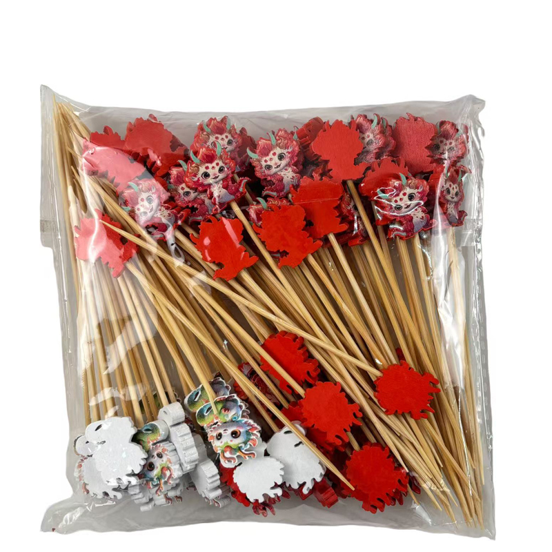 Cute Red & Cyan Chinese Dragon Bamboo Skewers – Eco-Friendly Dessert Picks for Parties & Baking