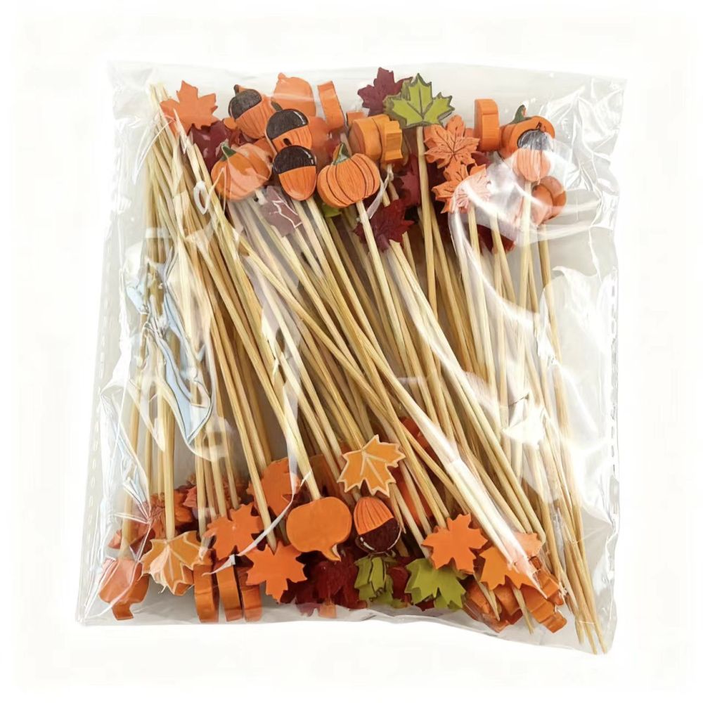 Fall Harvest Bamboo Picks (100Pcs) - Pinecone/Maple Leaf/Pumpkin, Cute for Thanksgiving & Fall Family Gatherings