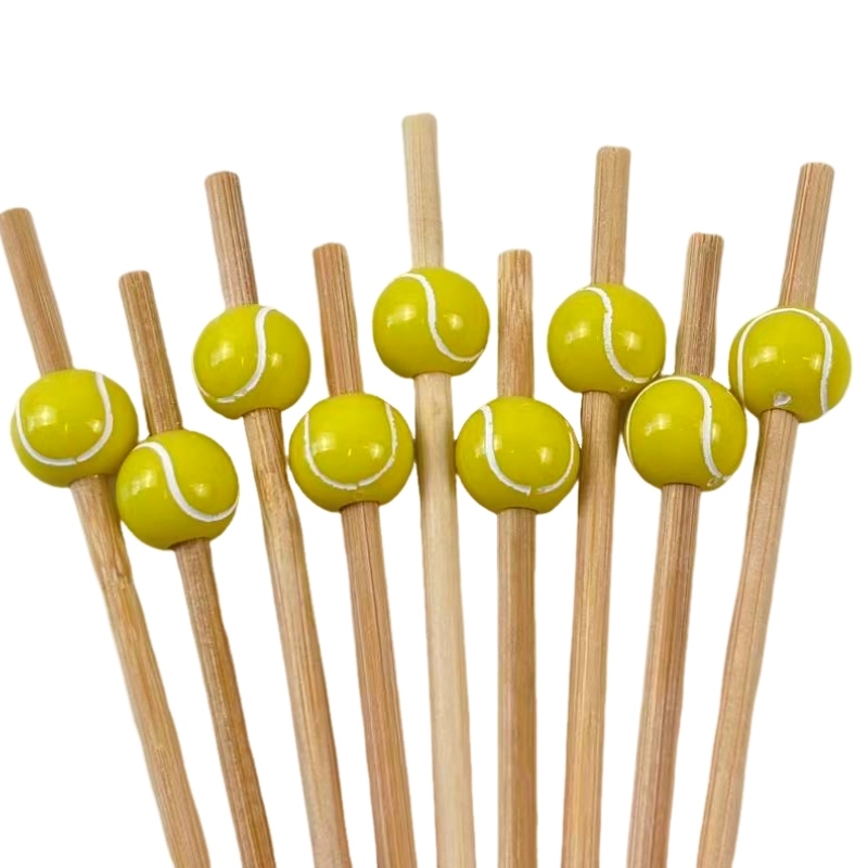 100Pcs Mini Tennis Bamboo Picks - Safe for Fresh Fruits, Appetizers & Tennis-Themed Celebrations